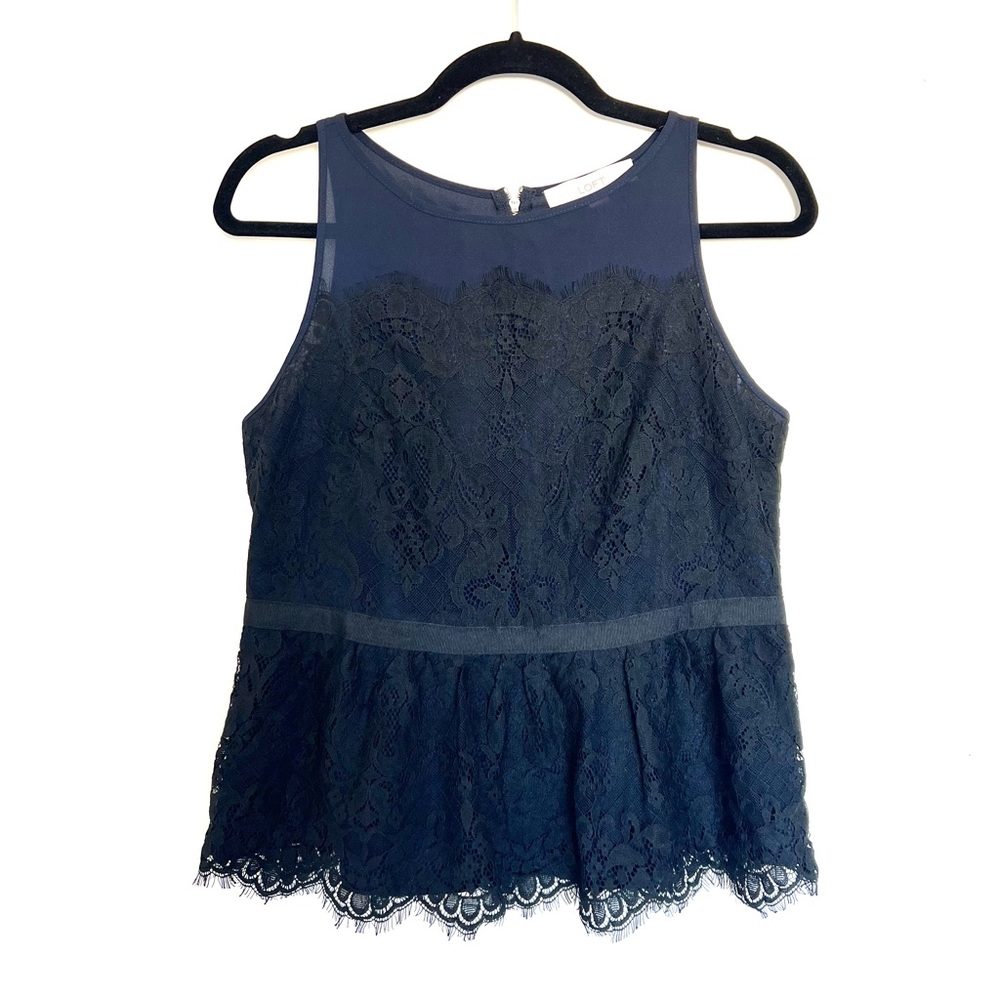 Ann Taylor LOFT Lace Peplum Sleeveless Blouse Navy & Black Petite 6P